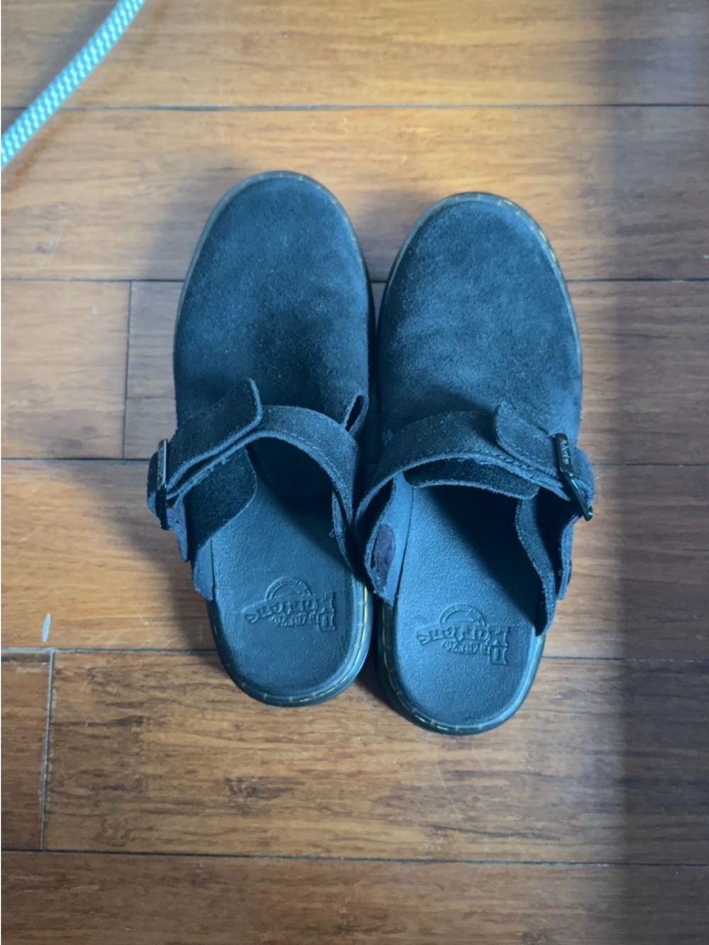 Dr. Martens Black Suede Slip-On Clogs with Buckle Strap